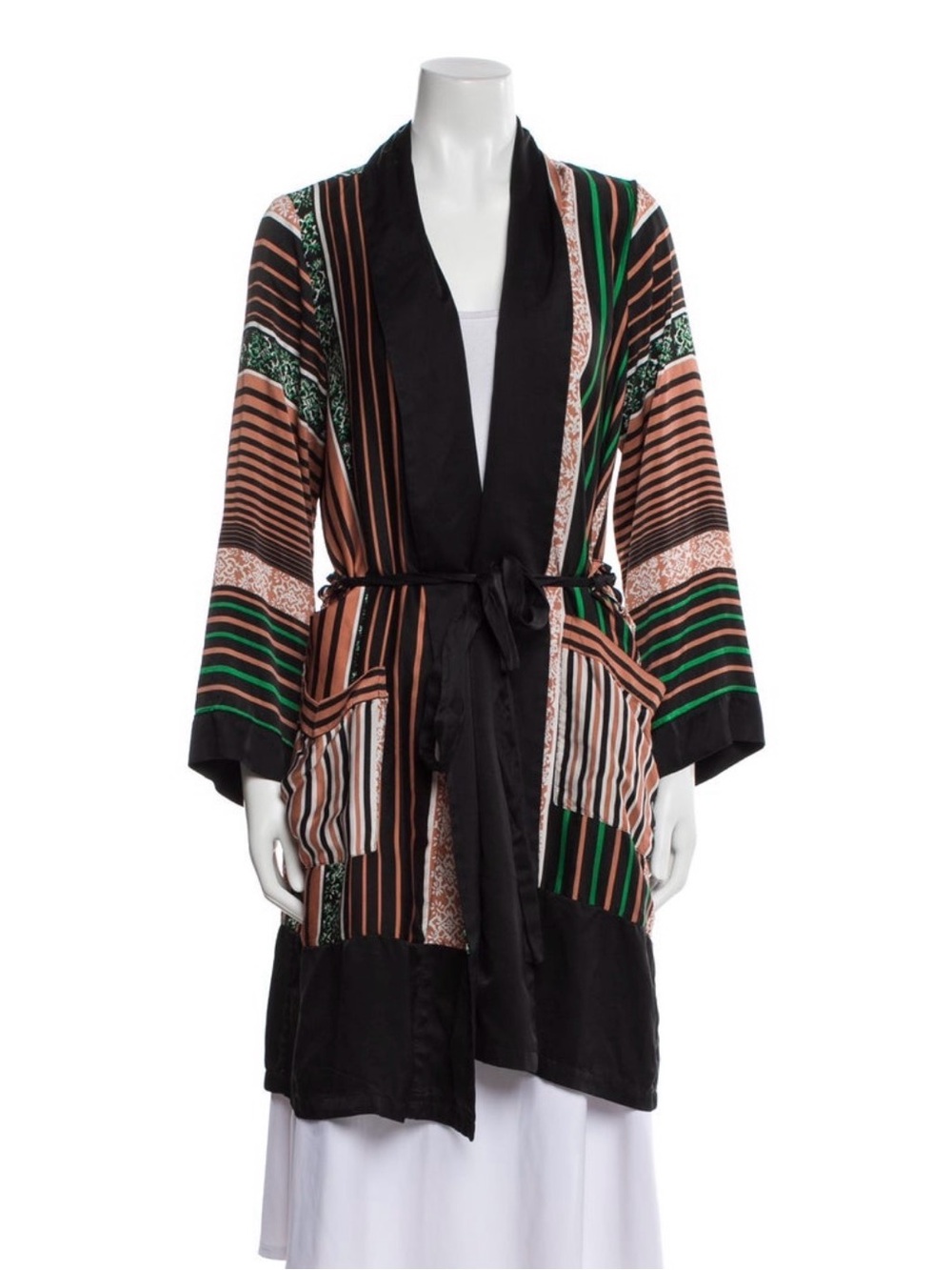 WARM Striped Multicolor Satin Kimono Wrap - Black, Rust & Green